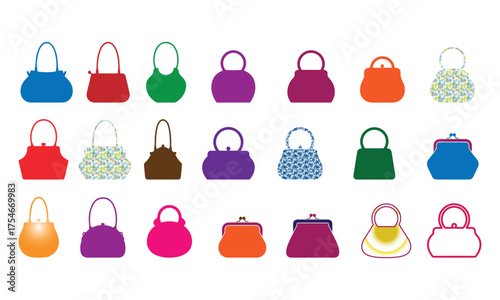 Collection of fashionable handbags and purses in various shapes and colors