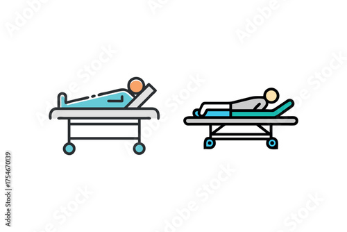 Two hospital stretchers in different views depicted as colorful line icons