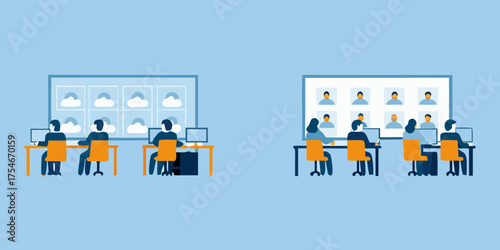 Diverse teams collaborating in modern offices with digital displays showing weather and profile pictures
