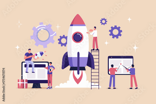 Team of people building and launching a rocket ship symbolizing startup success and innovation