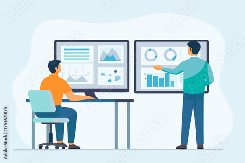 Two men analyzing financial data on multiple computer screens in an office setting