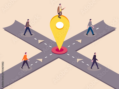 People walking at a crossroads with a large map pin indicating a central point of decision or destination