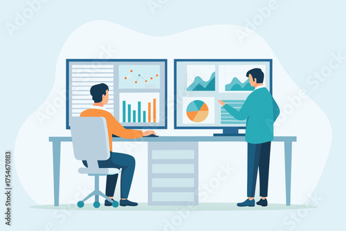 Two businessmen analyzing financial data and charts on multiple computer screens in an office setting