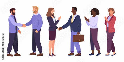 Diverse group of business people shaking hands and clapping in agreement and celebration