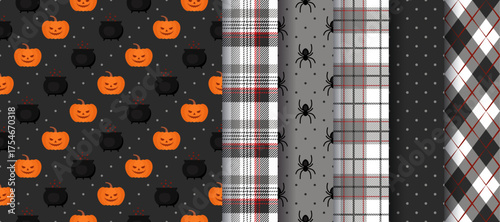 Halloween pattern. Seamless Haloween texture. Backgrounds with pumpkin faces, witch cauldrons, spiders, dots and checkered. Black orange prints. Vector Illustration. Set geometric wrapping papers.