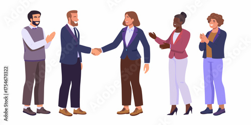 Diverse business professionals celebrating a successful handshake and deal with applause and smiles