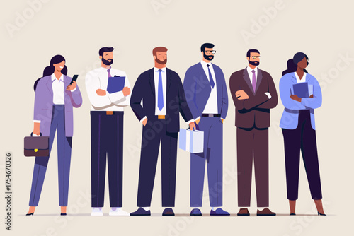 Diverse group of business professionals standing together with confident expressions and professional attire