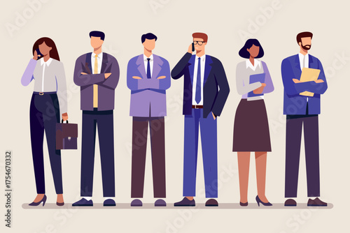 Diverse group of business professionals standing together in a line with various poses and accessories
