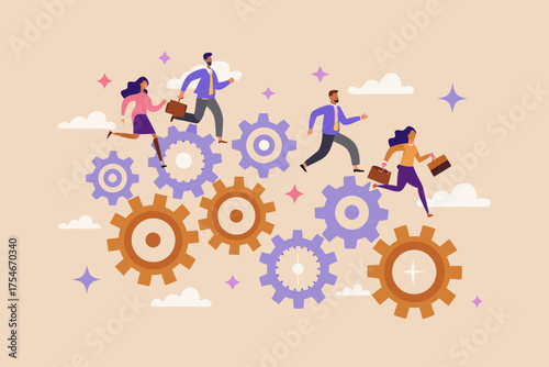 Diverse business professionals running on a complex gear system representing teamwork and corporate success