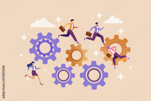 Business people running on gears representing teamwork and corporate progress with clouds and stars