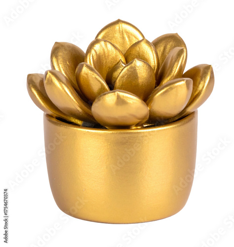 Golden cactus houseplant succulent in pot as a gold decorative interior object