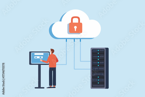 Person interacting with a computer screen connected to a secure cloud server and data center rack