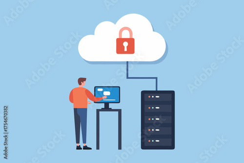 Man interacting with computer connected to a secure cloud with a padlock symbol and server rack