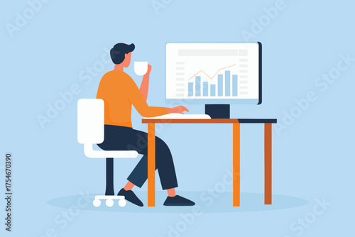 Man working at desk with computer displaying financial charts and holding a cup of coffee