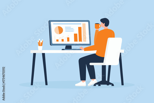 Man sitting at a desk drinking coffee and looking at a computer screen displaying financial charts and graphs