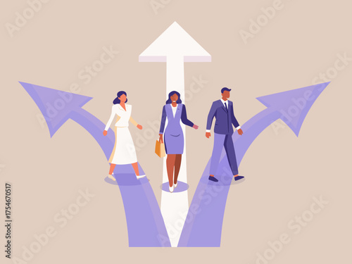 Diverse business professionals making choices at a diverging path with arrows indicating different directions