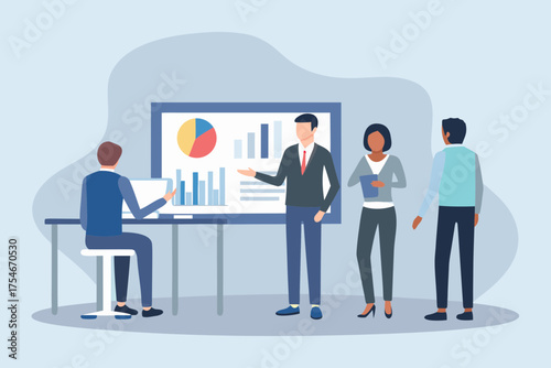 Business team collaborating and presenting data charts and graphs during a meeting