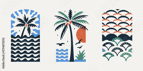 Abstract mid century modern tropical beach scene with palm trees and ocean waves