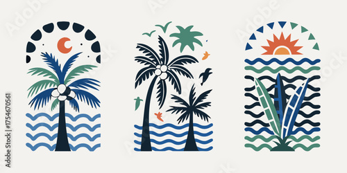 Abstract tropical beach scene with palm trees moon sun birds and surfboards in a minimalist flat design style