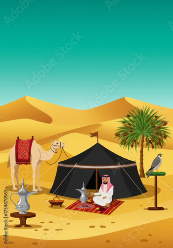 Traditional Bedouin Tent Scene in the Desert with Camel, Falcon, and Coffee Pot