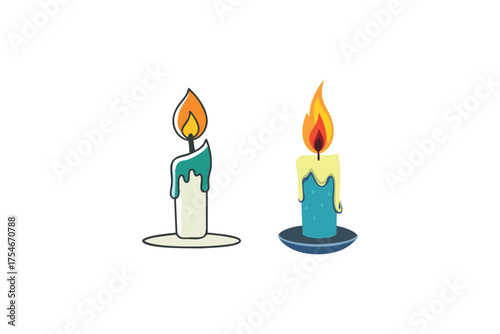 Two colorful cartoon candles with flickering flames are brightly illustrated