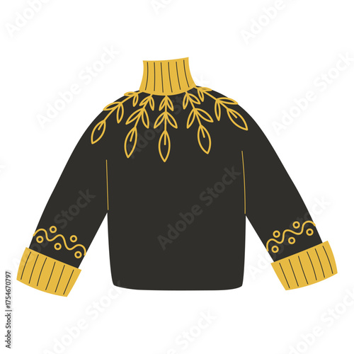 Knitted sweater with botanical pattern around neckline for cozy autumn fashion