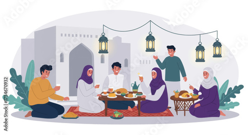 Family and Friends Gather for a Festive Meal Under Lanterns During Ramadan