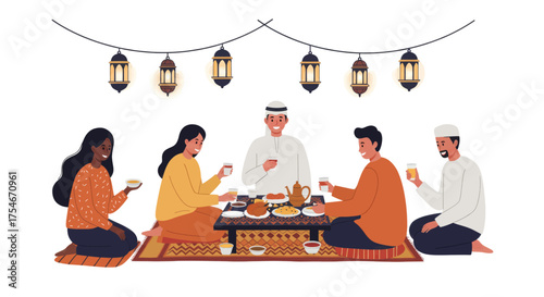 A Diverse Group of People Enjoying a Traditional Meal Together Under Lanterns