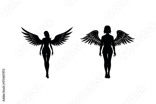 Two angelic figures with detailed wings shown in a black silhouette style