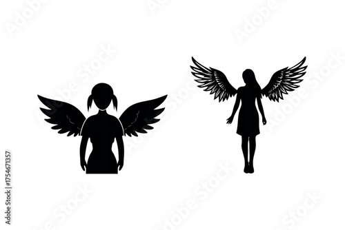Two black silhouettes of winged women angelic figures in simple design