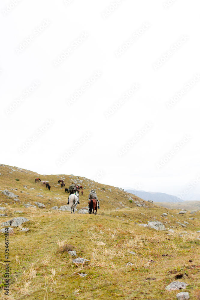 Obraz premium Kazakh Cowboy Riding Across the Steppes, Traditional Horsemen in Central Asian Landscape