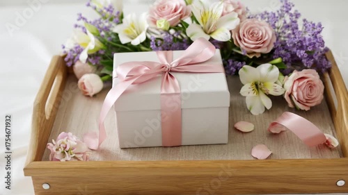 Gift box with pink ribbon surrounded by flowers on wooden tray, Mother's Day, Birthday concept
