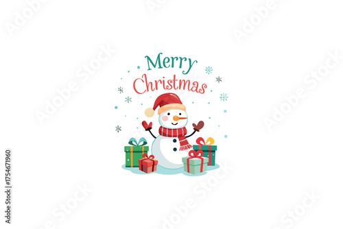 Festive snowman illustration with gifts and a merry christmas greeting