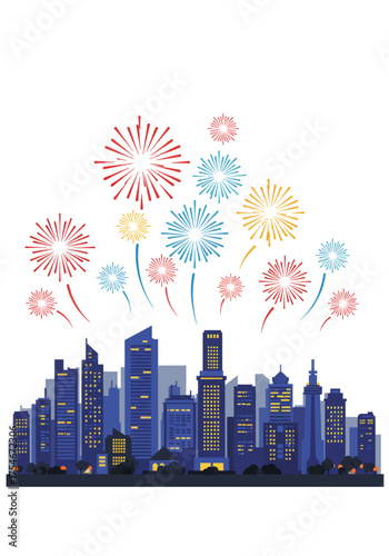 Vibrant fireworks illuminate a modern cityscape, creating a celebratory atmosphere on New Year's Eve or a holiday evening
