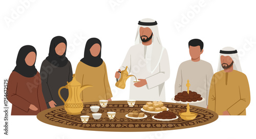 Middle Eastern Family Enjoying Traditional Arabic Coffee and Dates Gathering
