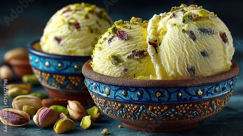 Creamy Pistachio Ice Cream in Bowl, Gourmet Dessert with Nut Toppings and Fresh Ingredients