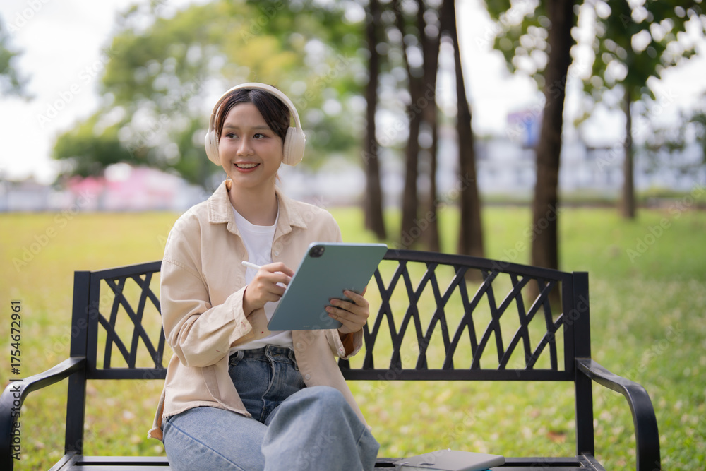 Fototapeta premium Young Asian woman in headphones smiling while working or studying outdoors on a park bench, using a tablet and stylus for remote learning, creative work, and relaxation