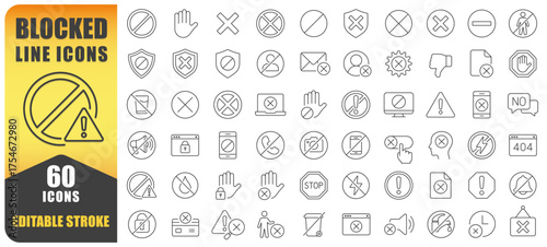 Blocked And Prohibition Line Icon Set. A Collection Of 60 Thin Editable Stroke Line Icons Showing Warnings, Restrictions, Cancellations, And Access Denials. Perfect For Safety Signs, App Design. 