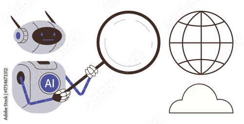 AI robot examines global network using magnifying glass, connecting cloud and technology concepts. Ideal for artificial intelligence, data analysis, global connection, cloud computing, research