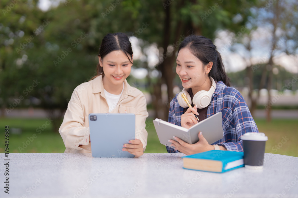 Fototapeta premium Diverse college students collaborating and studying together outdoors in a park, one student showing content on a digital tablet while the other is taking notes in a notebook