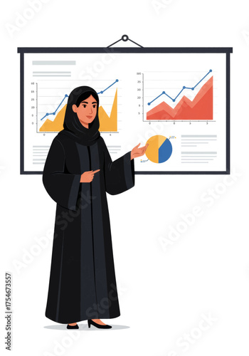 Arab woman presenting business charts and graphs on a projector screen in a professional setting