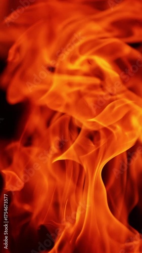 Red fire flames moving in the wind. Blaze in the darkness isolated. Close up. Vertical video