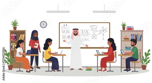 Diverse group of students engaged in a lesson with a male teacher at a whiteboard in a modern classroom environment