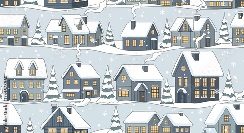 Cozy Winter Village Seamless Pattern with Snow-Covered Houses and Pine Trees, ideal for festive holiday backgrounds and charming seasonal designs