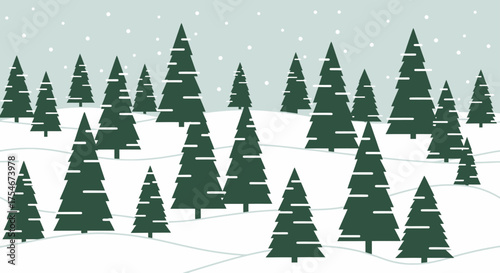 A serene winter landscape filled with numerous snow-covered pine trees under a light snowfall, evoking a peaceful and tranquil atmosphere