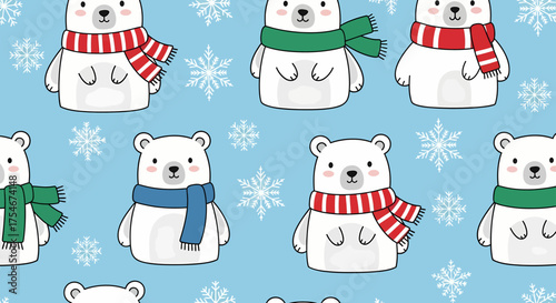 Cute polar bears wearing scarves and snowflakes on a blue background