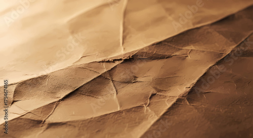 Abstract close-up of deeply crumpled brown paper, highlighting intricate folds and natural creases. This aged, organic texture provides a rustic and earthy background