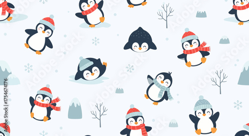 Adorable Cartoon Penguins in Winter Wonderland A Whimsical Seamless Pattern for Seasonal Designs