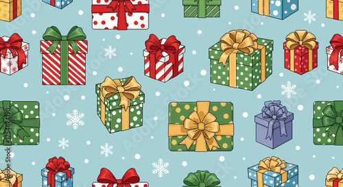 Seamless pattern of colorful wrapped gift boxes adorned with festive bows and delicate snowflakes on a light blue background, ideal for holiday celebrations and special occasions