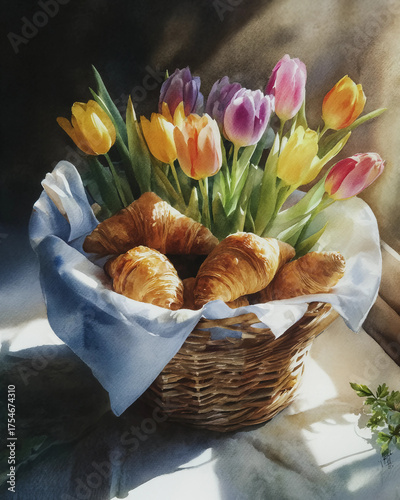 A basket of croissants and tulips